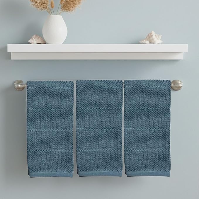 Serafina Home Teal Dark Blue Kitchen Dish Hand Towels 100% Cotton Cloth Soft Cleaning Drying Absorbent Terry: Set of 3 Multipurpose for Everyday Use Oversized 18" x 28"