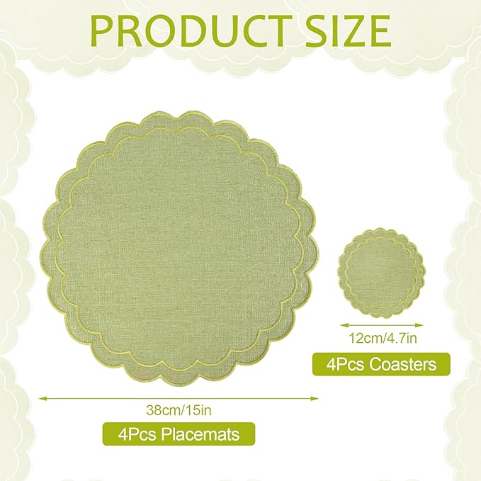 Set of 8 Cotton Linen Placemats Coaster, 15" Scalloped Embroidery Heat Resistant Placemats, 4.7" Kitchen Coaster, Double Layered Machine Washable Table Mat Set Rustic Dinner Table Decoration (Green)