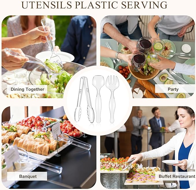 Mwellewm 24Pcs Plastic Serving Utensils Disposable Serving Spoons for Buffet Clear Forks Serving Tongs 8.5''Heavy Duty Large Party Utensils Supplies for Restaurant Food Dinner Salad Noodles Soup