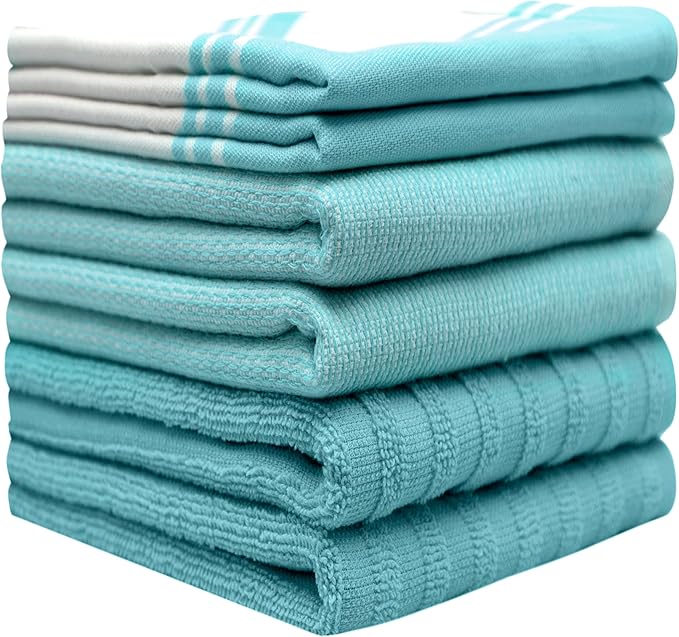 Premium Kitchen Towels (20”x 28”, 6 Pack) | Large Cotton Dish Towels | Flat & Terry Highly Absorbent Kitchen Linen Set with Hanging Loop | Wide Stripe Aqua