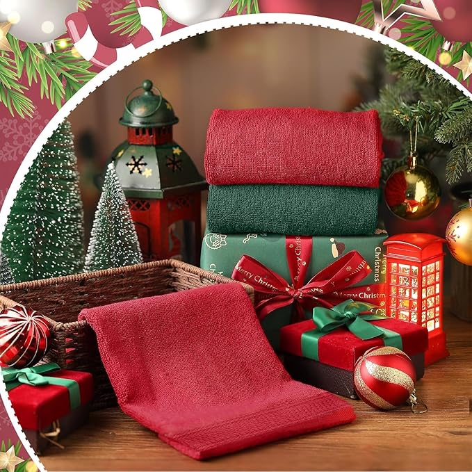 RIVERSIDE 6 Pack Premium Christmas Hand Towels Set, 16x28 inches, 100% Ring Spun Cotton, 600 GSM, Soft, Quick Dry and Highly Absorbent, Towels for Bathroom, Kitchen, Gym, Spa, Red and Hunter Green