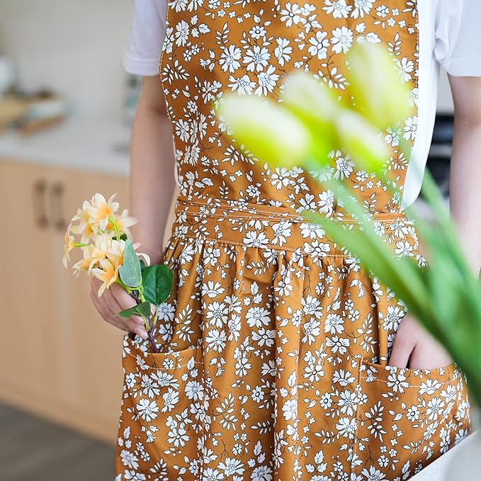 Pinknoke Vintage Pinafore Apron Dress for Women with Pockets Cute Floral Chef Aprons for Kitchen Cooking Baking Gardening