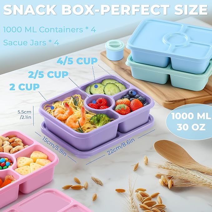 Bento Snack Box Containers, Reusable Meal Prep Lunch Containers for Adults Kids, Stackable Bento Snack Box 4 Pack, Divided Lunchable Food Storage Containers with Sauce Container, Dreamy Pink