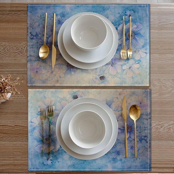 HOMETITUTE Linen Placemats Set of 4 12x18 inch Spring Table Mats for Dining Table Blue Floral Farmhouse Decorations Kitchen Decor Desk Mat for Outdoor Home Party Kitchen Seasonal Dining Decor