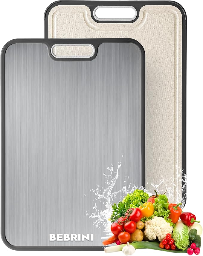 Titanium Cutting Board for Kitchen, Non Toxic Stainless Steel Cutting Board Double Sided, Food Grade Pure Titanium & Wheat Straw PP, Meat & Vegetable Chopping Boards, Scratch Resistant, Large 16”×11”