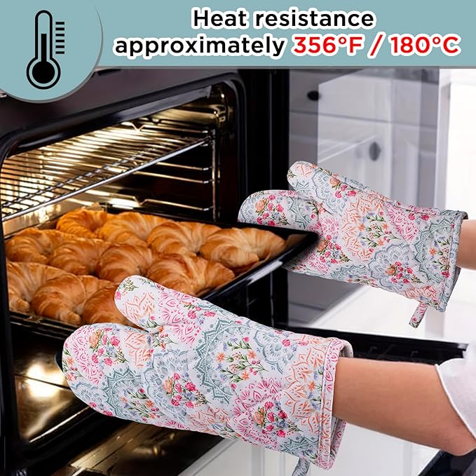 BONTHEE Pot Holders for Kitchen Heat Resistant Hot Pads for Countertops Oven Pot Holders Cotton Potholders for Kitchen Cooking Baking, Extra Long Cotton Cooking Gloves - Mandala - Oven Gloves - 2PCS