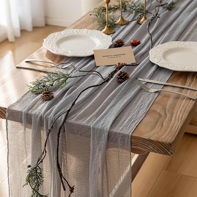 Keketoarrange 3pcs Dusty Blue Gauze Rustic Cheesecloth Table Runner 120 Inch 10 FT for Wedding Baby Shower Bridal Shower Birthday Engagement Garden Outdoor Party Long Sheer Boho Decorations