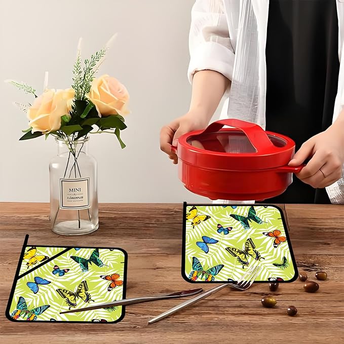 Butterfly and Leaves Pot Holders Set of 2,Kitchen Heat Resistant Potholders for Microwave Cooking Baking Oven and BBQ Gifts for Women