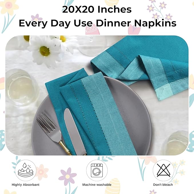 Bedding Craft Cotton Cloth Dinner Napkins Set of 12 – 20x20 Teal Multi Double Hemstitched – Machine Washable Reusable Fabric Napkins for Weddings & Dinner Tables