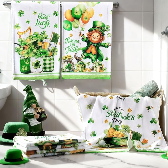 Breling Set of 6 St. Patrick's Day Kitchen Towels Shamrock Green Dish Towel Bathroom Decorative Cloths for Irish Decoration Kitchen Bathroom Home Cooking Housewarming Gifts, 14 x 21 Inch