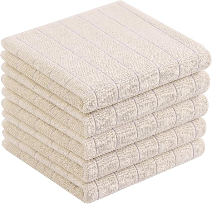 Homaxy 100% Cotton Terry Kitchen Towels(Beige, 13 x 28 inches), Checkered Designed, Soft and Super Absorbent Dish Towels, 5 Pack