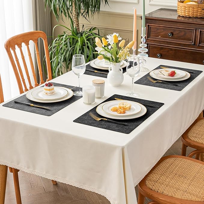 Romanstile Vinyl Placemats Set of 8-12x17 Inch, Reversible Waterproof Washable Non Slip Table Mats, Faux Leather Heat Resistant Wipeable Table Placemats for Dining/Party/Indoor/Outdoor, Grey-Black