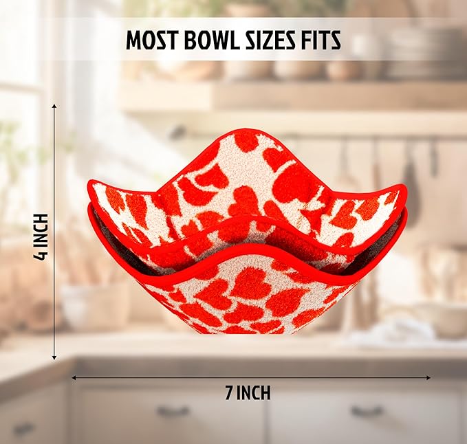 Set of 2 Microwave Bowl 4x7x7 Inch Polyester Cloth Hot Pads with Red Heart Print - Multipurpose Heat Resistant Plate Holders - Protector for Food Meals - Hot Pads for Bouillon Cups and Pads for Soup