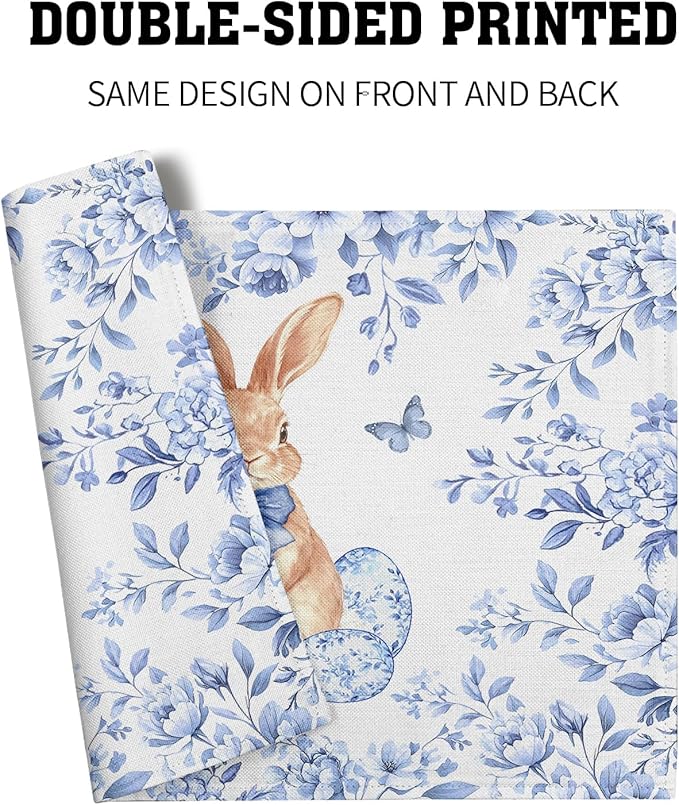 Rabbit Easter Placemats for Dining Table 12 X 18 in Holiday Decoration Rustic Vintage Washable Table Mats Set of 4 Blue