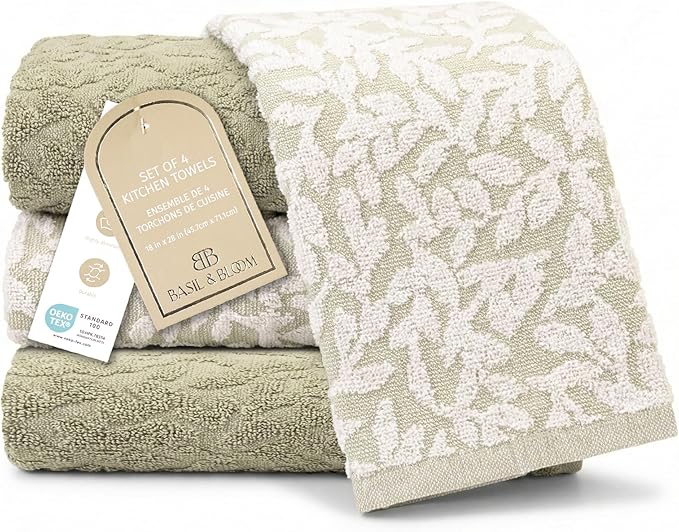 MosJos 4 Pack Hand Towels, Cotton Sage Green and White Floral Kitchen Towel, Soft and Absorbent Hand Drying Towels 18 x 28