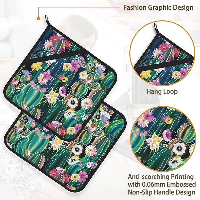 Blooming Cactus Succulents Flowers Pot Holder Set of 2,Heat Resistant Potholders Oven Hot Pads for Kitchen Cooking Baking BBQ