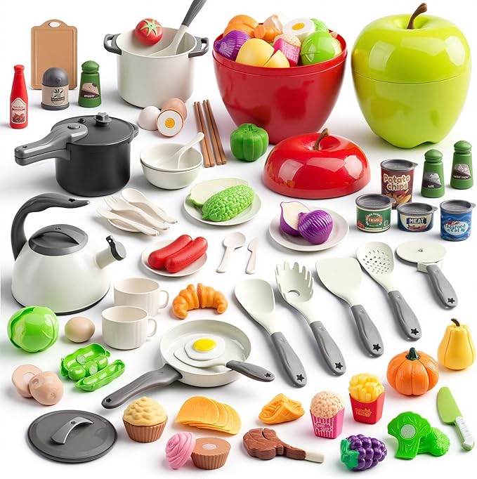 100Pcs Kitchen Playset, Kids Pretend Cooking Play Pots, Pans, Utensils, Cookware, Toy Food Fruits Veggies, with 2 Large Apple - Shaped Storage, Toddler Cooking Learning Gift (White)