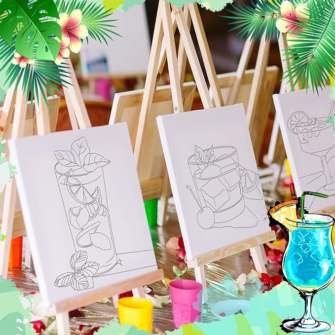 Motipuns 12 Set Pre Drawn Canvas for Painting for Adults Sip and Paint Kit with Easels 8 x 10 Inches Paint Party Kit with Printed Canvas Paints Brushes Palette Bag Apron(Cocktails)