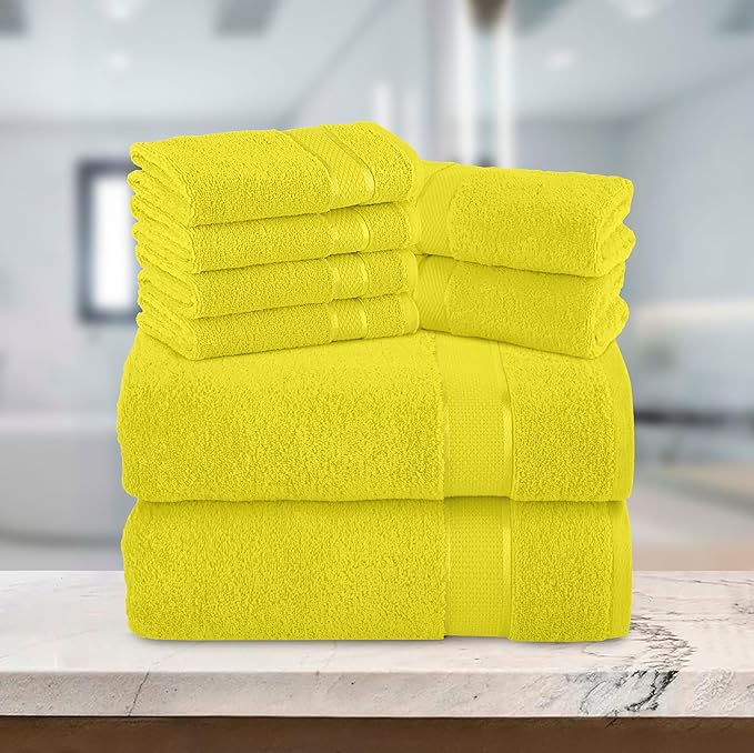 Elegant Comfort Premium Cotton 8-Piece Towel Set, Includes 4 Washcloths, 2 Hand Towels and 2 Bath Towels, 100% Turkish Cotton - Highly Absorbent and Super Soft Towels for Bathroom, Yellow
