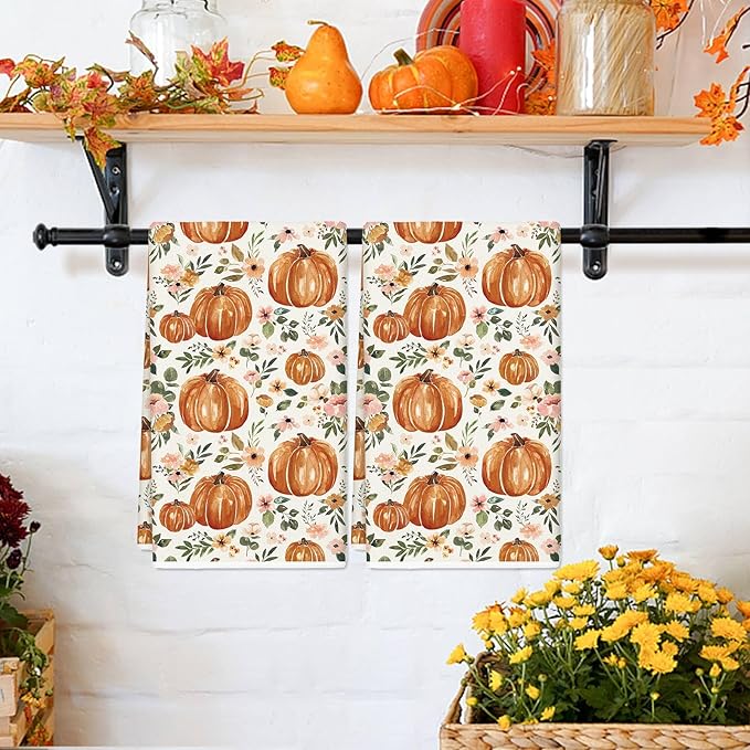 JarThenaAMCS Fall Kitchen Dish Towel 18 x 28 Inch Floral Pumpkin Dishcloth Rustic Autumn Farmhouse Hand Drying Tea Towel for Thanksgiving Cooking Baking, Set of 2