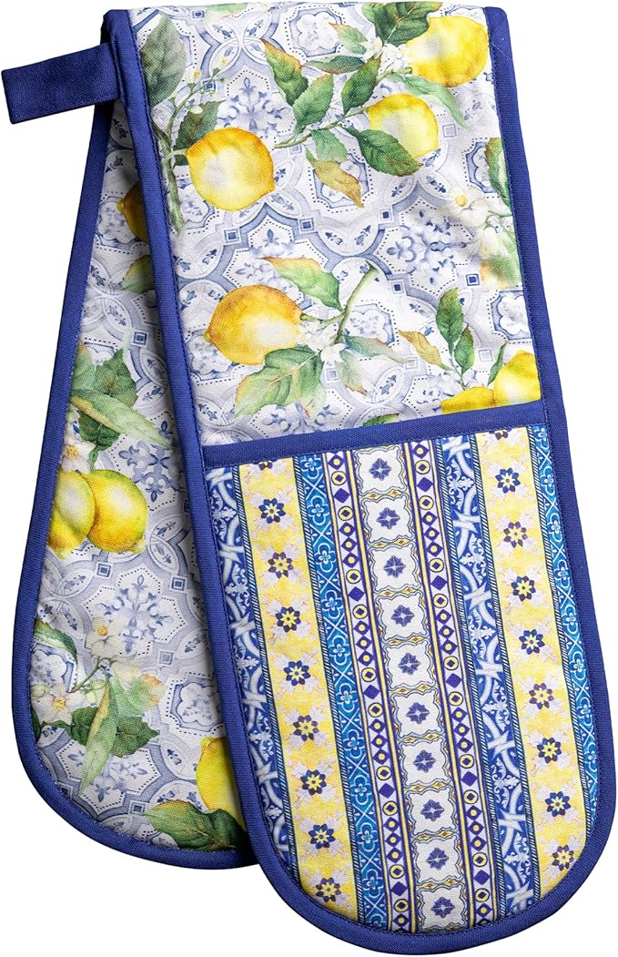 Maison d' Hermine Double Oven Mitts 100% Cotton 7"x35" Double Oven Mitt Heat Resistant BBQ Cooking Gloves with Loop Baking Grilling Gifts for Mothers Day Spring Summer (Citrus)