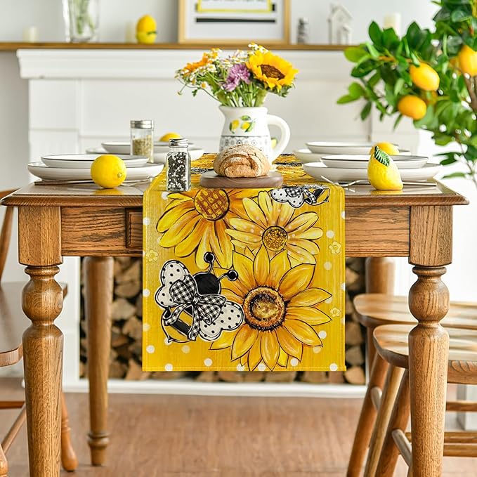 Artoid Mode Yellow Sunflower Bee Flower Polka Dot Summer Table Runner, Seasonal Kitchen Dining Table Decoration for Indoor Party Home 13x72 Inch