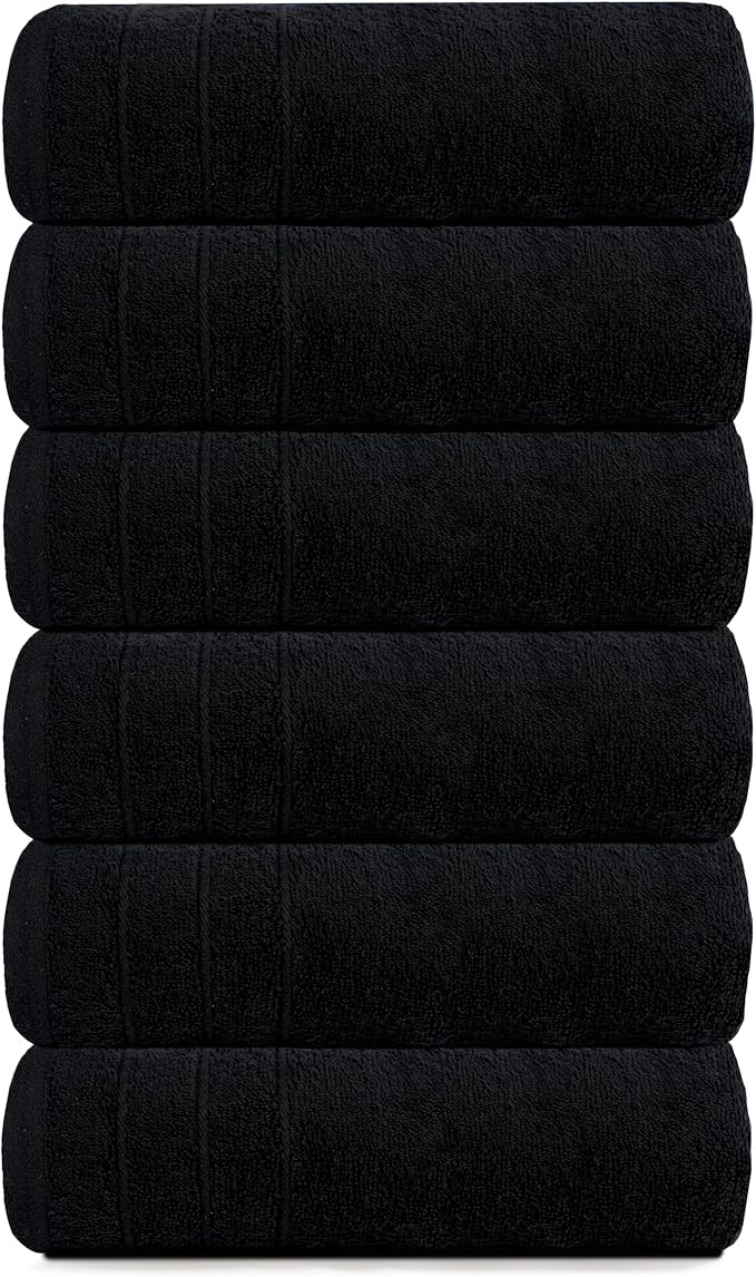 Tens Towels Pack of 6 Hand Towels, 100% Cotton, Lighter Weight, Quick to Dry, 16 x 28 Inches, Super Soft & Absorbent, Perfect for Bathroom & Kitchen, Black