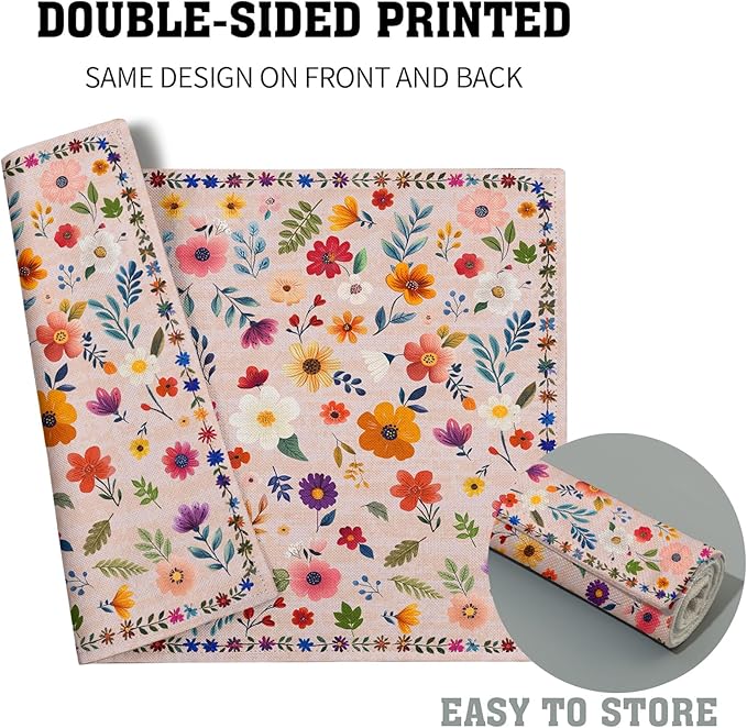 Pink Flowers Linen Placemats Set Spring Floral Table Mat for Women Kitchen Dining Decoration
