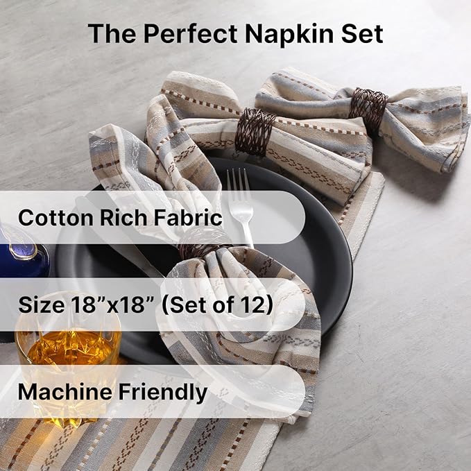 LFH Home Cotton Rich Cloth Salsa Napkin Set of 12 Washable Soft Durable Striped Table Napkins for Dining Wedding Daily Use Reusable Eco-Friendly Fabric Napkins (18x18)-Cream Multi Thanks Giving