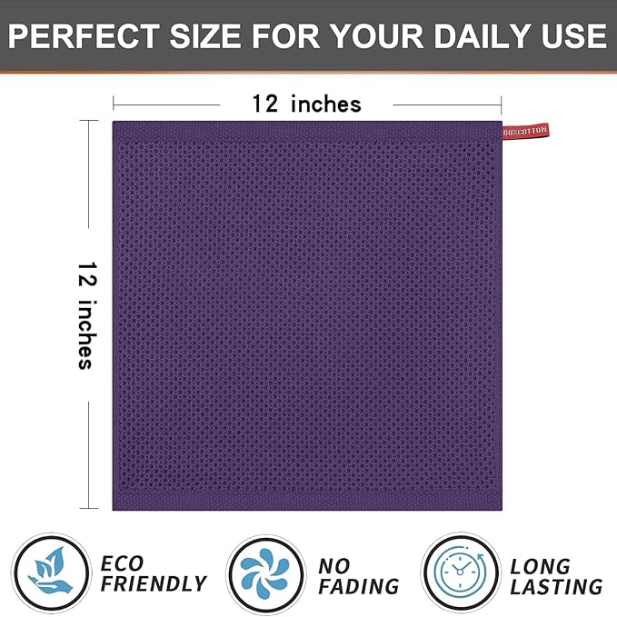 Kitinjoy 100% Cotton Kitchen Dish Cloths (12 X 12 Inches, Eggplant), 6 Pack Waffle Weave Ultra Soft Absorbent Dish Towels for Drying Dishes Quick Drying Kitchen Towels Dish Rags