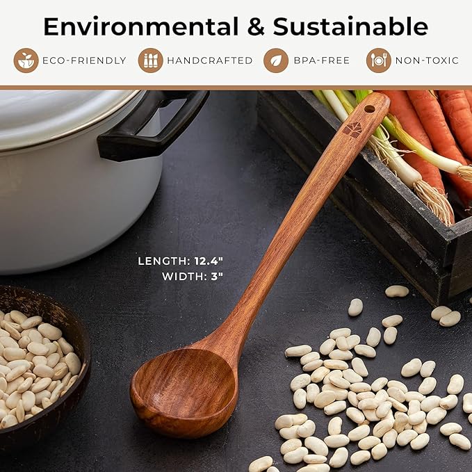 Wooden Ladle for Cooking, Soup Spoon Ladle – Teak Wooden Serving Spoon, 12.4″ Handle, Medium Scoop Size 2 oz – Eco Friendly, Natural and Sustainable