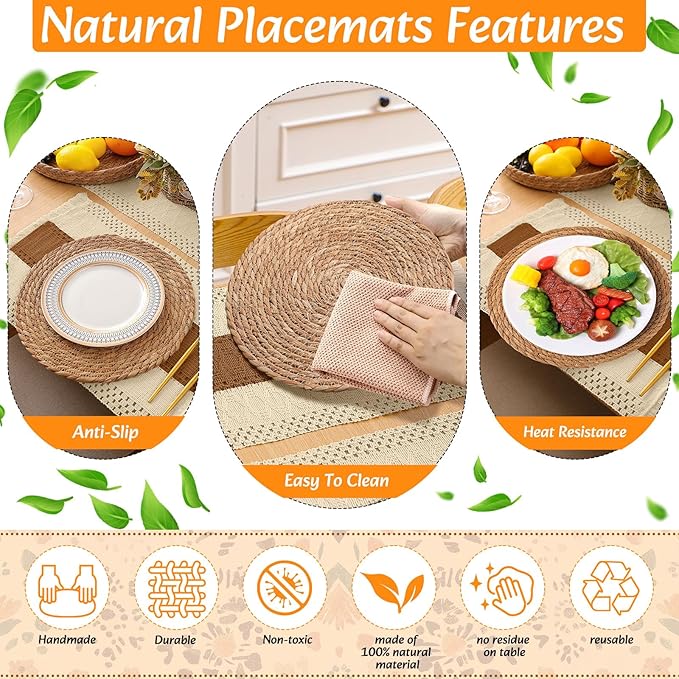 Boho Placemats 4/6/8 Set of Round Woven Placemat Macrame Style Bicolor Stitching Long Table Runner Farmhouse Rustic Natural Burlap Cotton for Kitchen Dining Table(4 Sets,Caramel Color,12x72)