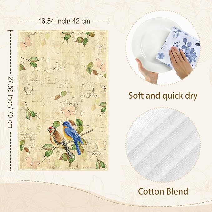 Bird Branch Microfiber Kitchen Towels, Soft Absorbent Hand Towel 15.7 × 23.6 inch, Thick Dish Cloth for Party Anniversary Holiday Decoration, Housewarming Gifts for Mom