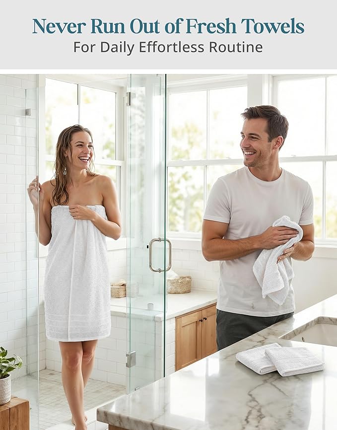 Casa Platino 100% Cotton Luxury Bath Towel Set 8 Pieces - Super Soft, Absorbent & Quick Dry - 2 Bath, 4 Washcloths, 2 Hand Towels for Bathroom - Sustainable Value Pack, Ideal for Spa & Travel - White