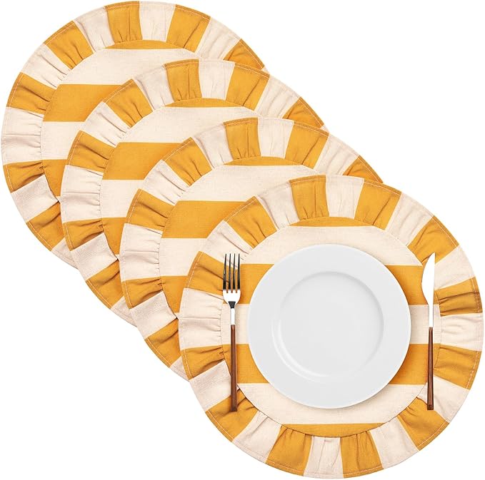 4 Pcs 15 Inch 100% Cotton Scalloped Round Placemats, Thin Yellow & White Stripes Place Mats with Ruffle, Washable Placemats Table Mats for Kitchen Dining Holiday Gatherings Decor