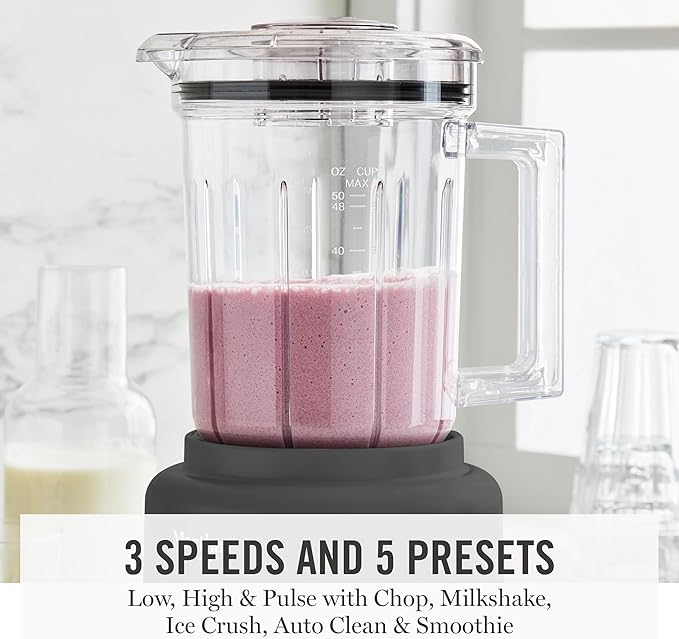Martha Stewart Countertop Blender, 50oz Jar, 6 Stainless Steel Blades 3 Speeds & 5 Presets, Auto Clean, Smoothies, Crush Ice, Shakes, Chop, Margarita, Measurement Markings, 700W, Caviar Gray