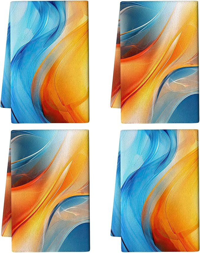 Orange Blue Kitchen Dish Towels Set of 4, Soft Absorbent Marble Decorative Tea Towels Hand Drying Baking Cooking Cloth for Kitchen Orange Blue Decor