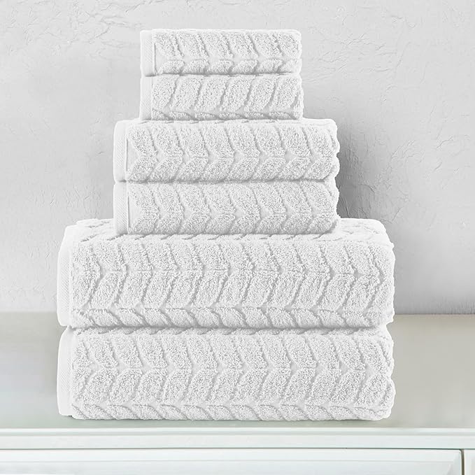 Elegant Comfort Luxury 6-Piece 100% Turkish Cotton Jacquard Braided Textured Premium Hotel Quality Towel Set– Soft and Absorbent, Includes 2 Bath Towels, 2 Hand Towels and 2 Washcloths, White