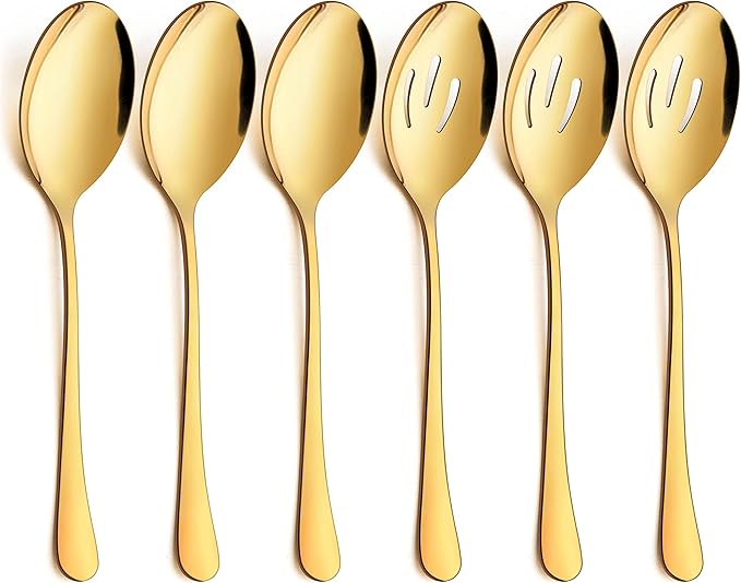 LIANYU 6-Piece Gold Serving Spoons, Stainless Steel Gold Slotted Spoons, Serving Utensils for Party Buffet Restaurant Banquet Dinner Catering, 8 3/4 Inch, Dishwasher Safe