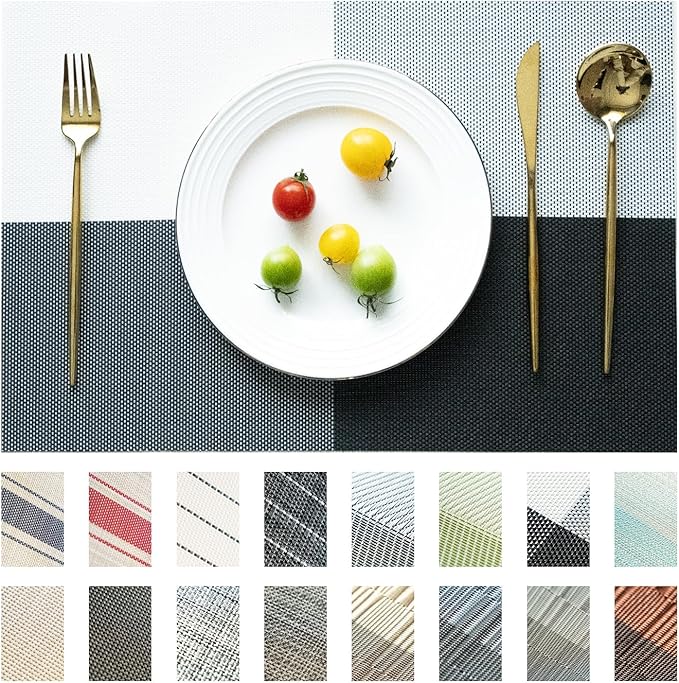 Placemats Set of 12 Vinyl/Plastic Woven Place Mats for Kitchen Table Indoor/Outdoor Washable Placemat Wipeable Dining Table Mats (Grey Grid,12)