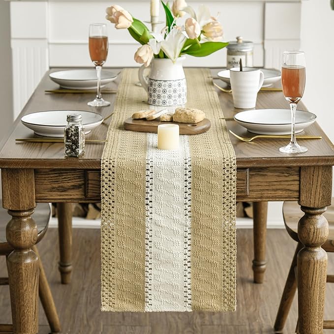 Artoid Mode Burlap Brown Farmhouse Rustic Table Runner, Seasonal Hollow Kitchen Dining Table Decoration for Home Party Decor 12x72 Inch