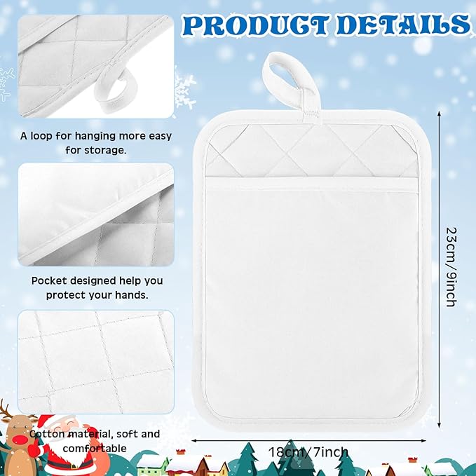 Hoolerry 40 Pieces Pot Holders with Pocket Sublimation 7x9'' Cotton Oven Pot Holders Bulk with Hanging Loops Pads for Kitchen Cook Baking (White)