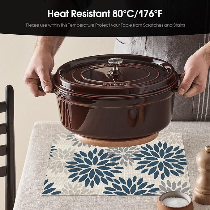 Artoid Mode Floral Vinyl Plistic Placemats Set of 6, Heat Resistant Washable Non-Slip PVC Place Mats for Party Kitchen Dining Decor, Blue Grey