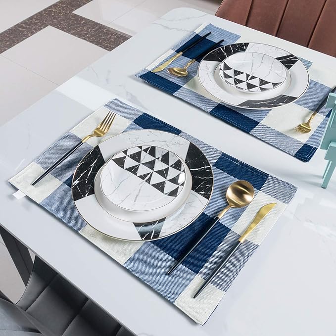 Blue Placemats Set of 4, Linen Buffalo Plaid Double Layer Spring Placemats Check Kitchen Table Mats,Waterproof Heat Resistant Durable Cloth Washable Placemats 12 x 18 Inches