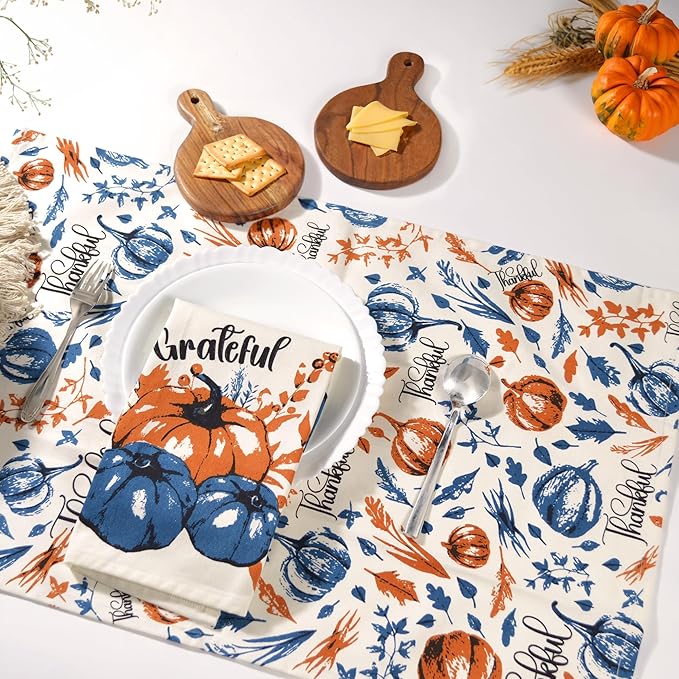 The Fine Living Company Set of 2 Thankful & Grateful Printed Dish Towels, Hand Towels, Boho Tea Towels - Multifunctional, Stylish, Absorbent, Quick Dry, Soft 18" x28", 100% Cotton, Blue & Orange