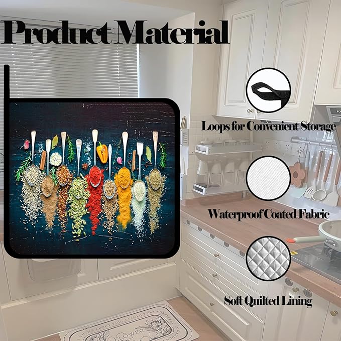 Colorful Various Herbs Pot Holders Set of 2,Kitchen Heat Resistant Potholder for Microwave Cooking Baking Oven and BBQ