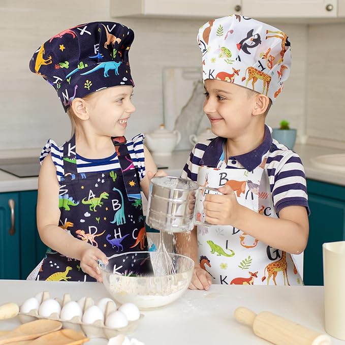 GROBRO7 4Pcs Kids Apron and Chef Hat Set Gift for Girls Boys, Animal Alphabet Word Adjustable Kitchen Beginner Toddler Aprons with 2 Pockets Waterproof Smocks for Baking Cooking Painting Crafting