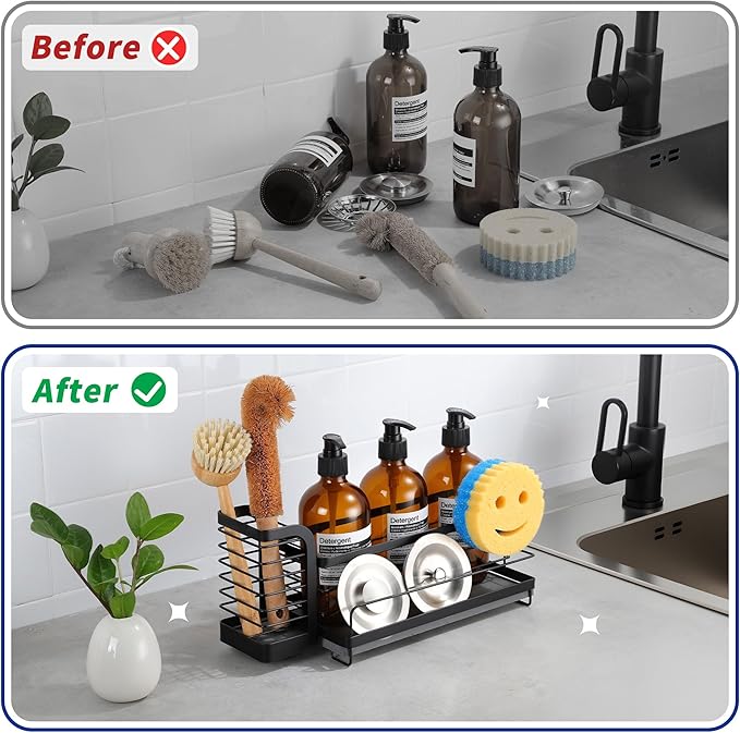 Kitchen Sink Organizer with Instant Drying Stone, Dish Sponge Holder for Kitchen Sink, Stainless Steel Kitchen Brush Holder