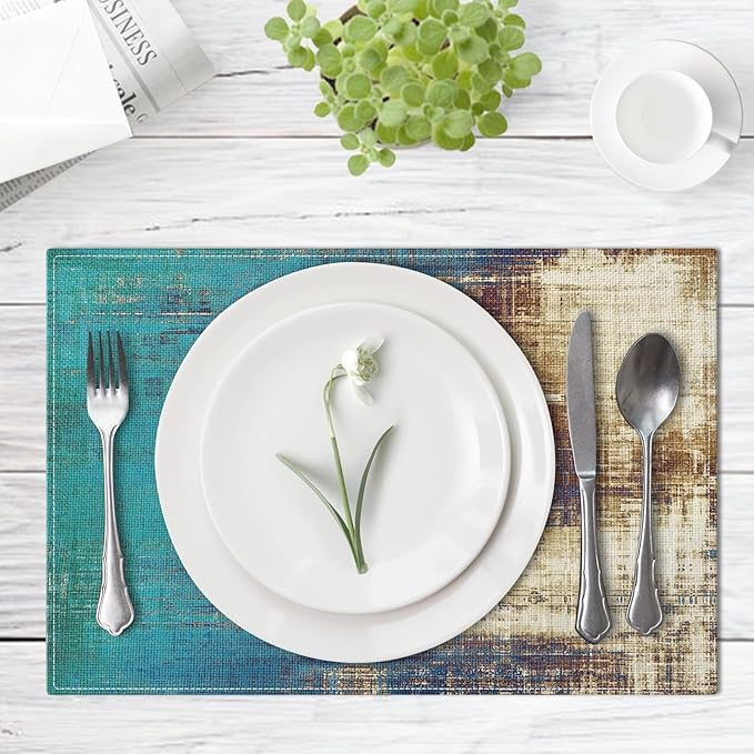 Emvency Farmhouse Placemats Set of 6, Abstract Teal Coastal Rustic 12x18 Inch Linen Rectangular Place Messy Rust Vintage Table Mats for Indoors & Outdoor Home Party Kitchen Dining Decoration