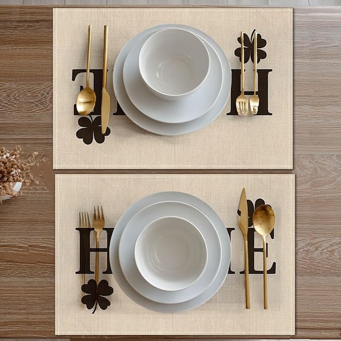 HOMETITUTE Home Placemats Set of 4 Linen 12x18 Inch Washable Table Mats with Buffalo Plaid Heart and Clover Design Decorative Table Placemats Set of 4 for Farmhouse Kitchen Dining Everyday Decor